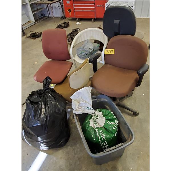 4 OFFICE CHAIRS, GRAIN BAG & GRASS SEED