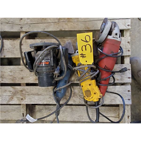 DEWALT SIDE GRINDER, KING GRINDER, B&D ROUTER, RYOBI SANDER