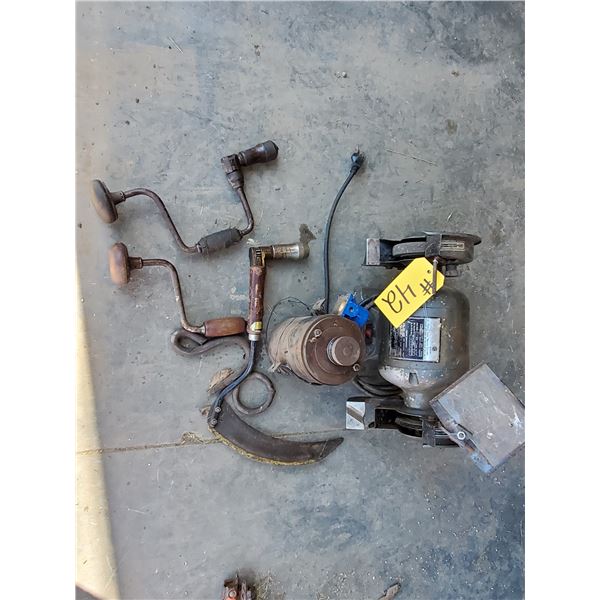 6" ELECTRIC GRINDER, PRESTOLITE 12 VOLT ELECTRIC MOTOR, & 2 ANTIQUE BRACE & BITS