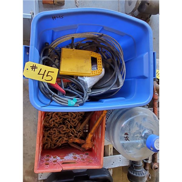 3 CHAINS & BOOMERS, 3/8" AIRCRAFT CABLE, OIL FILTER & WATER JUG