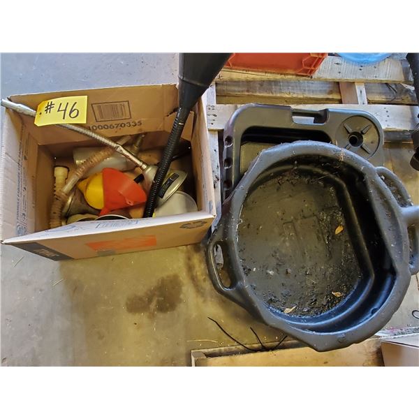 2 PLASTIC OIL PANS & APPROX. 6 FUNNELS