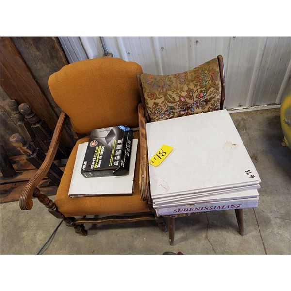 2 ANTIQUE CHAIRS, QUANTITY OF FLOOR TILE & ROUTER