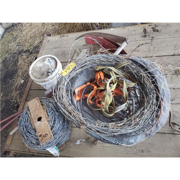 BARB WIRE, FIRE PIT, GRAIN SCOOP, SCYTHE, SCREWS & SCOOPS