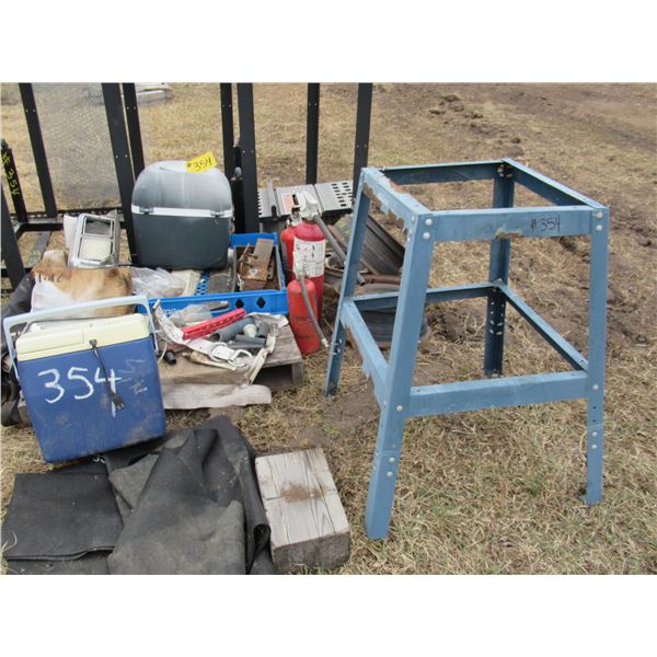 BLACK SHELVING, BLACK MESH (2 ROLLS), COOLERS, TABLE SAW, RIMS & FIRE EXTINGUISHERS