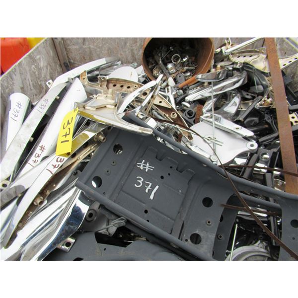 CRATE FULL OF BIKE PARTS, MUFFLERS, CHROME, KICK STANDS, FENDERS