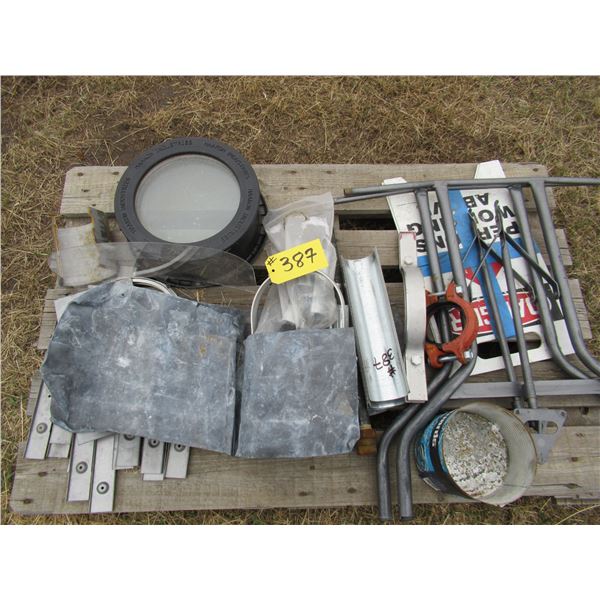 2 PALLETS OF MISC BRACKETS, TABLE LEGS, VALVES, PLUMBING SUPPLIES, BOLTS