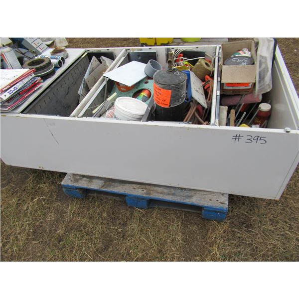 FILING CABINET FULL OF MISC PLUBING ACCESSORIES, COPPER TUBING, PAINTS, ETC