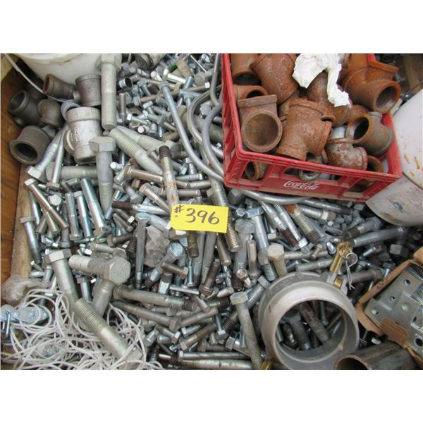 GREEN CRATE FULL OF PIPE FITTINGS, BOLTS, ANCHORS & 2 PAILS OF FITTINGS