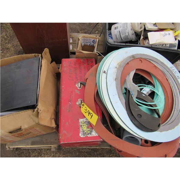 PALLET OF GASKETS, TOOLBOX, FITTINGS, HEATER & PLUMBING SUPPLIES