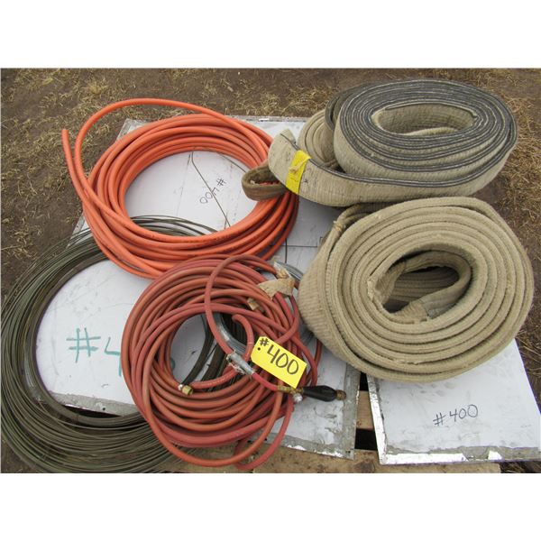 5 SLINGS, WIRE, ORANGE PIPE, SHEET METAL, RUBBER HOSE