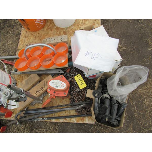 1 1/2 TON CHAIN HOIST, PIPE WRENCHES, CHAIN, PRY BARS, PAIL OF TOOLS, TROLLY