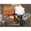 Image 1 : 1 1/2 TON CHAIN HOIST, PIPE WRENCHES, CHAIN, PRY BARS, PAIL OF TOOLS, TROLLY