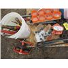 Image 2 : 1 1/2 TON CHAIN HOIST, PIPE WRENCHES, CHAIN, PRY BARS, PAIL OF TOOLS, TROLLY