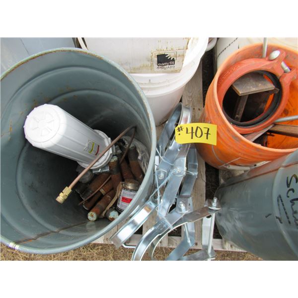 PALLET OF MOP PAIL, IPEX GATE VALVE, SNAKE, ANCHORS, READY ROD