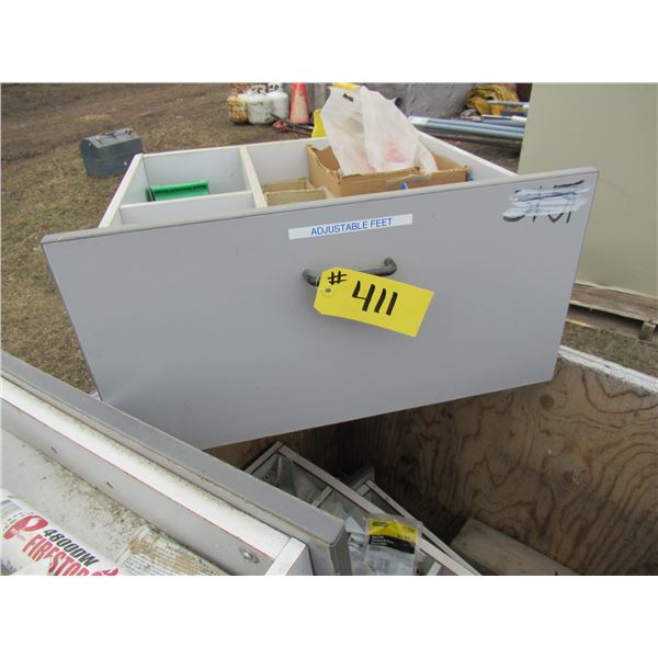 CRATE WITH 7 DRAWERS OF SCREWS, CAULKING, MISC HARDWARE, PAINT ROLLERS