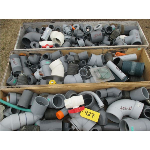 3 WOOD BOXES FULL OF PLASTIC FITTINGS