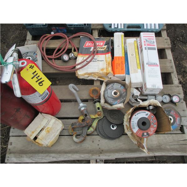 GRINDING DISC, NEW WELDING ROD, BOSCH JIG SAW (WORKING), SOCKET SET, 2 LIFTING CLAMPS