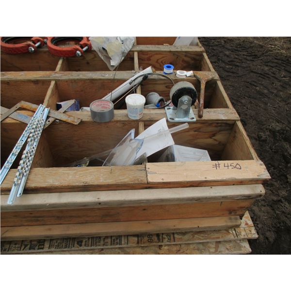 WOODEN STORAGE CABINET C/W GAUGES, SQUARE, PIPE, FITTINGS, CLAMPS, CHISELS, PLYWOOD & 2 X 4'S