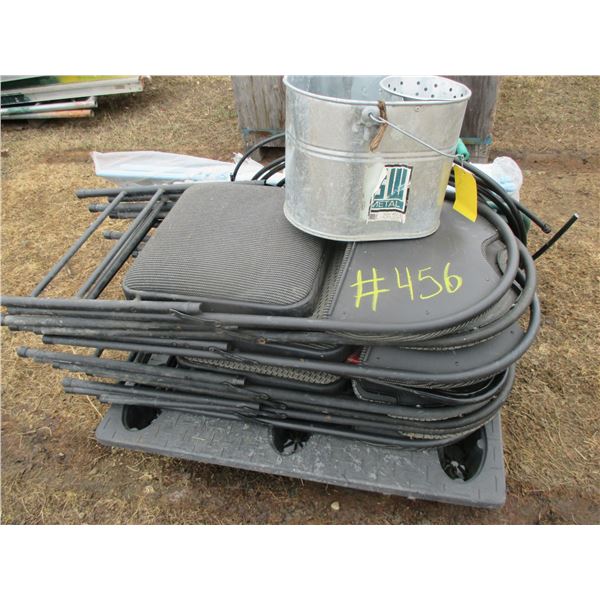 CHAIRS, MOP PAIL, HOSE & BLUE PLASTIC