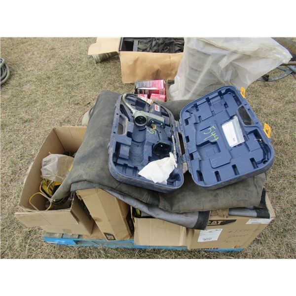 VARIOUS AIR & OIL FILTERS, BELTS, HEATER, BOX TARP, ELECTRIC GREASE GUN (MISSING PARTS)