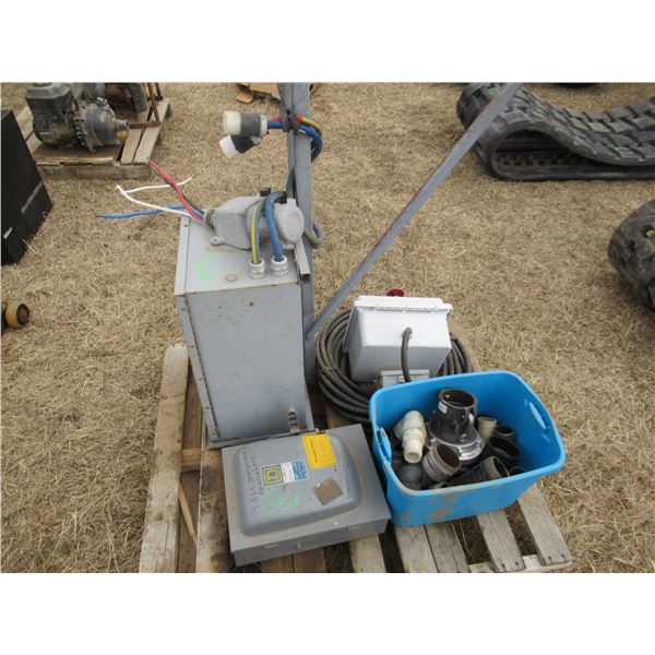 ELECTRICAL BOXES, HIGH VOLTAGE SWITCHES, VARIOUS SIZED HOSE & PUMP FITTINGS