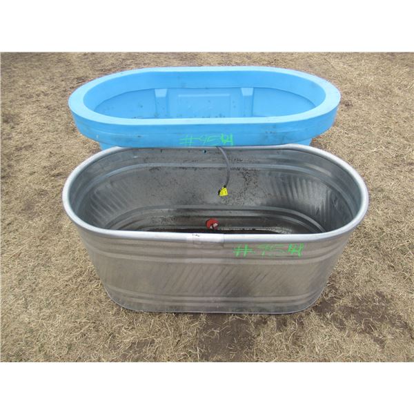 APPROX. 45 GALLON GALVANIZED STOCK TANK & APPROX 55 GALLON BLUE POLY TANK