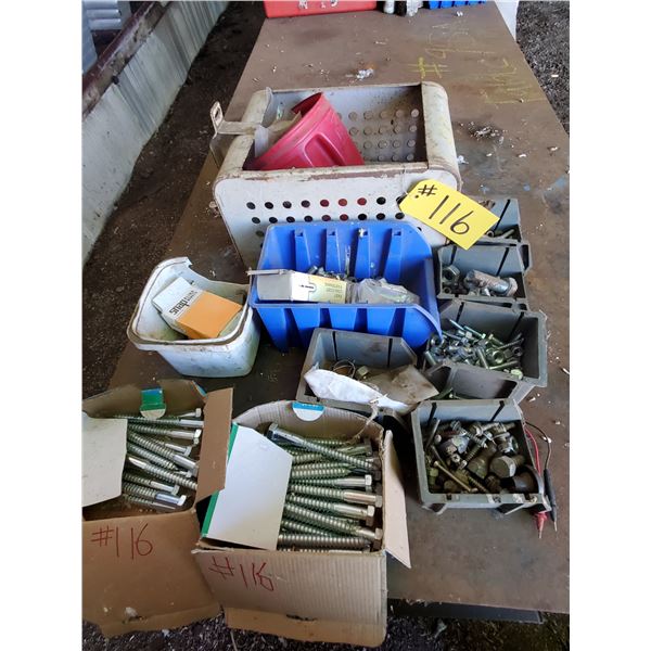 PALLET OF BOLTS, BINS, TOOL TRAYS, ETC