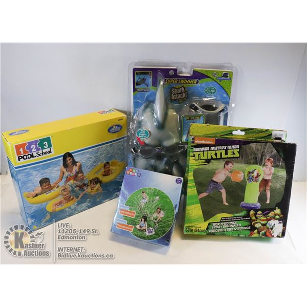 NEW ITEMS POOL SCHOOL 1 2 3 NICKELODEN TURTLES BOX N' BOUCE SPRAY SPRINKLE, SUPER SWIMMER SHARK ATTA