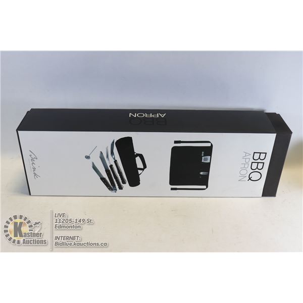 NEW BBQ APRON WITH 4PC STAINLESS STEEL BBQ SET