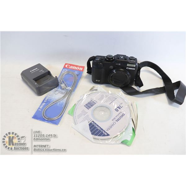 CANON POWERSHOT G12 10.0 MEGA PIXELS DIGITAL CAMERA WITH BATTERY, CHARGER, MANUAL, CD (MISSING MEMOR