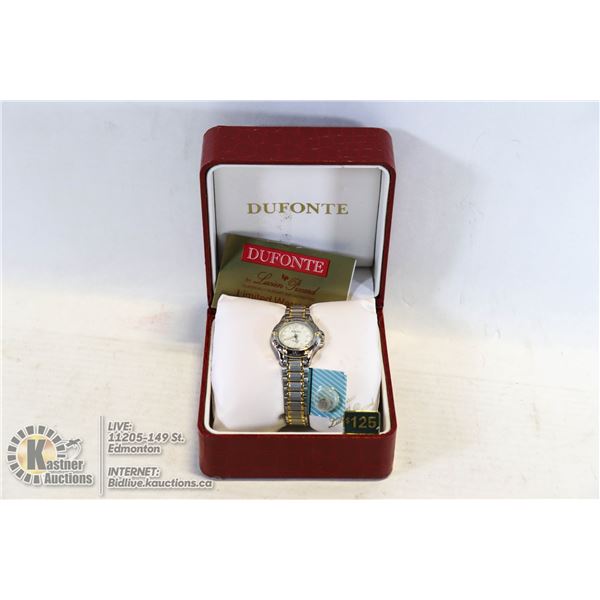 VINTAGE DUFONTE BY LUCIEN PICCARD LADIES WATCH W/ORIGINAL BOX, SEALED BATTERY, WARRANTY (UNUSED)