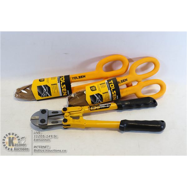 NEW TOOLS (2) TIN SNIPS 10" & 12" W/NEW BOLT CUTTERS