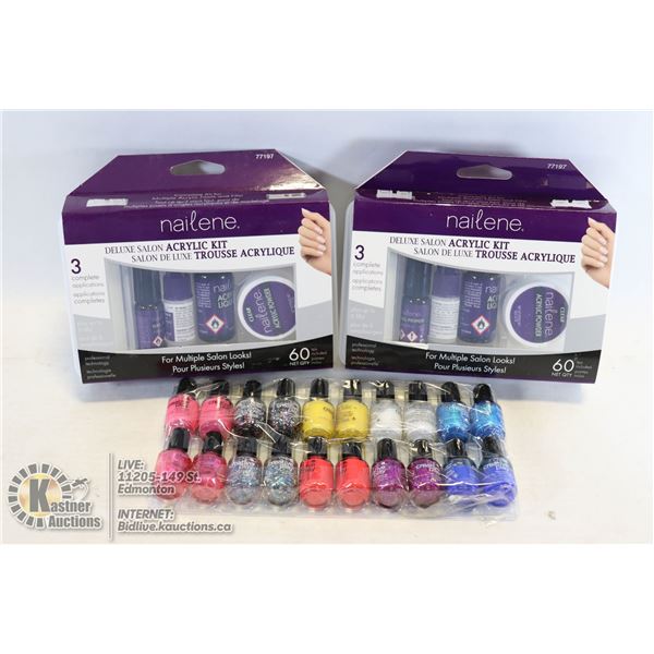 NEW ITEMS RELVON 20 PK NAIL POLISH 3.7 ML BOTTLES W/NEW 2 NAILENE DELUXE SALON ACRYIC NAIL KITS