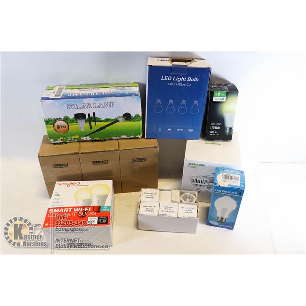 FLAT OF VARIOUS LED LIGHTBULBS, SOLAR LAMPS