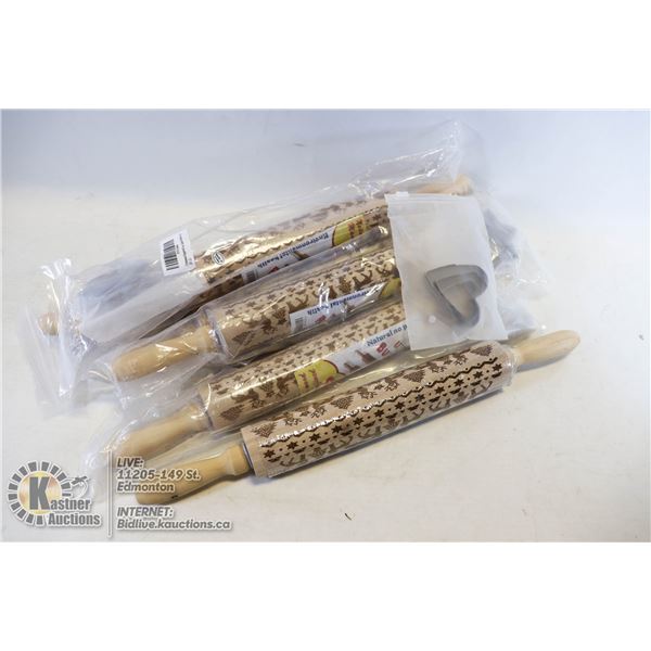 FLAT OF NATURAL RAW WOOD ROLLING PIN WITH PATTERNS