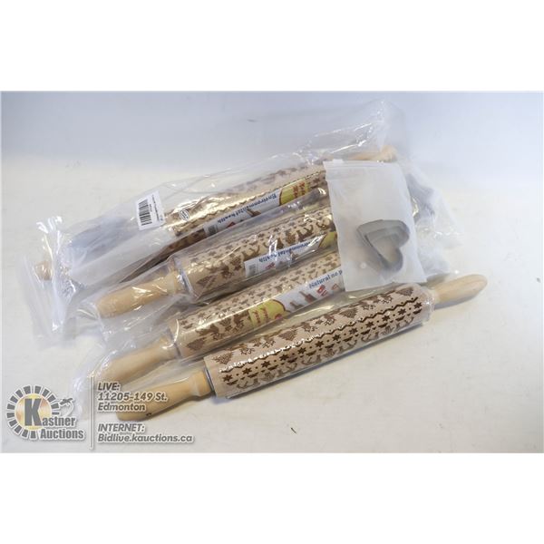 FLAT OF NATURAL RAW WOOD ROLLING PIN WITH PATTERNS