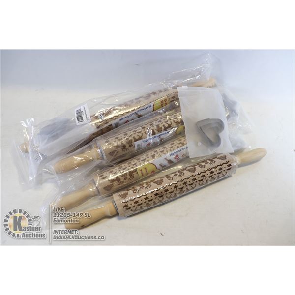 FLAT OF NATURAL RAW WOOD ROLLING PIN WITH PATTERNS