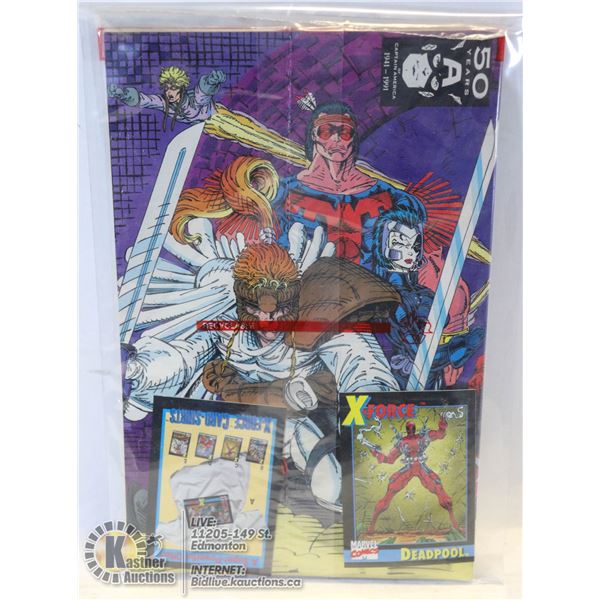 DEADPOOL ROOKIE CARD --- UNOPENED POLYBAG COMPLETE X-FORCE #1 COMIC WITH 2 COLLECTIBLES CARDS INCL R