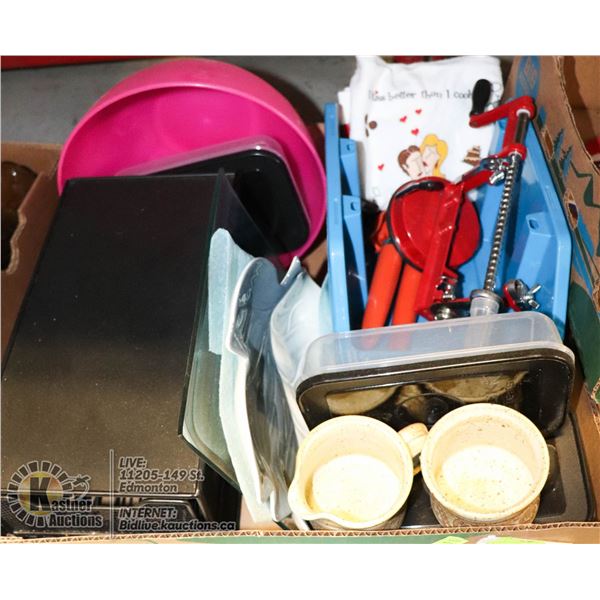 BOX OF HOUSEHOLD KITCHENWARE INCL. RED APPLE PEELER 3 STACKABLE STORAGE CONTAINERS, SHELF & DRAWER L