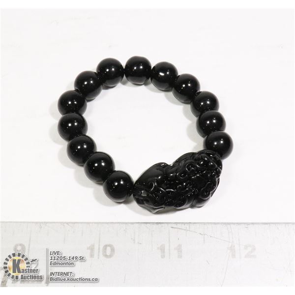 #288-PIXIU OBSIDIAN BEAD BRACELET 8"/ 12mm JEWELRY/ MINERAL