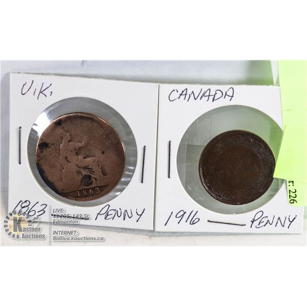 COINS 1863 UK PENNY; 1916 CANADIAN PENNY