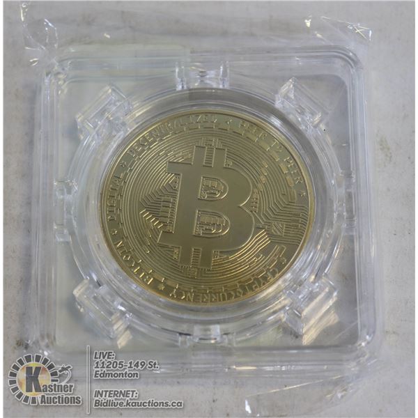 GOLD PLATED BITCOIN IN ROTATING CASE 40MM GOLD PLATED COIN. A MUST HAVE FOR CRYPTO CURRENCY ENTHUSIA