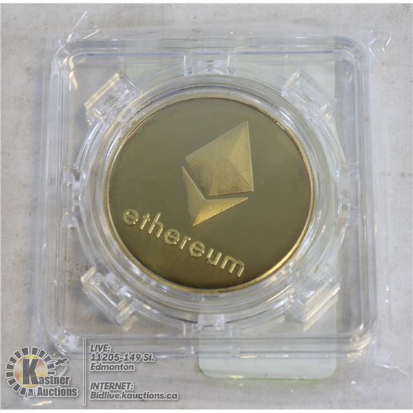 GOLD PLATED ETHEREUM COIN IN ROTATING CASE 40MM GOLD PLATED COIN. A MUST HAVE FOR CRYPTO CURRENCY EN
