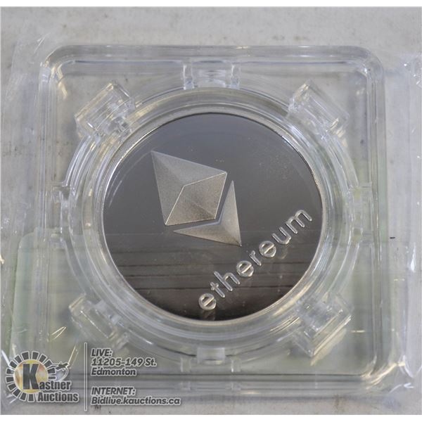 SILVER PLATED ETHEREUM COIN IN ROTATING CASE 40MM  SILVER PLATED COIN. A MUST HAVE FOR CRYPTO CURREN