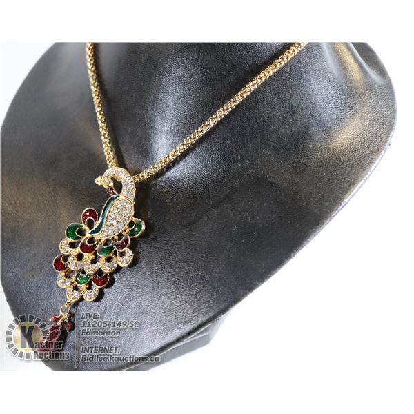 GEMMED PEACOCK NECKLACE GOLD TONE NECKLACE WITH COLOURED GEMS PEACOCK PENDANT