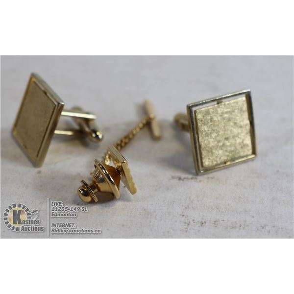 PAIR OF GOLD TONE CUFFLINKS AND MORE MOTHER OF PEARL TIE CLIP, GOLD TONE CUFFLINKS