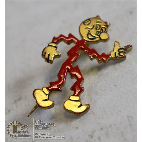 VINTAGE REDDY KILOWATT COLLECTORS PIN 1955 MASKOT OF KILOWATT UTILITIES COMPANY,GOLD WITH RED ENAMEL