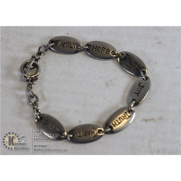 FAMILY VALUES BRACELET EACH PART OF THE BRACELET HAS A VALUE, LOVE, CHARITY, TRUTH, JOY, TRUST, HOPE