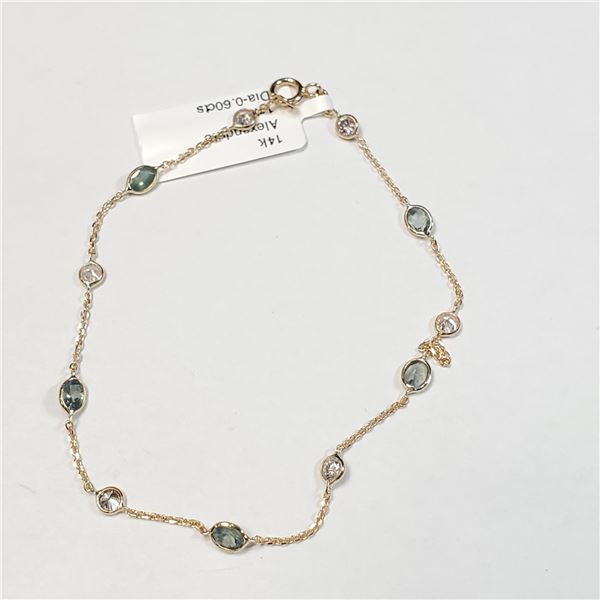 14K YELLOW GOLD ALEXANDRITES (1CT) DIAMOND (EC118-83) (0.6CT,I1-I2,F-G)  BRACELET (~LENGTH 7"INCHES)