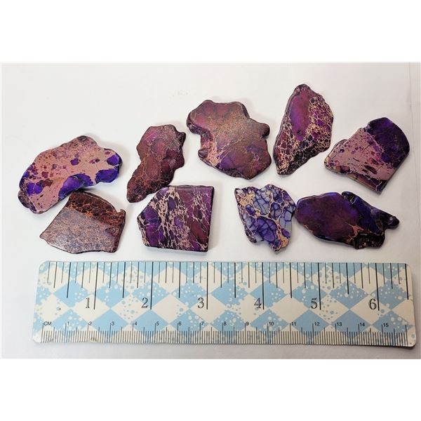 11)  LOT OF 9 PURPLE JASPER SLICES,  WEIGHS 82.9 GRAMS.  COLLECTIBLES